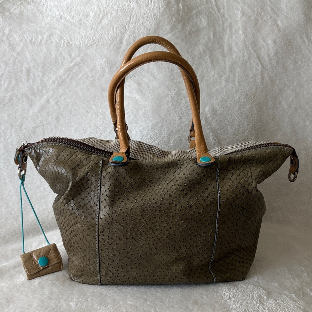 Olive Textured Tote with Tan Handles and Turquoise Accents